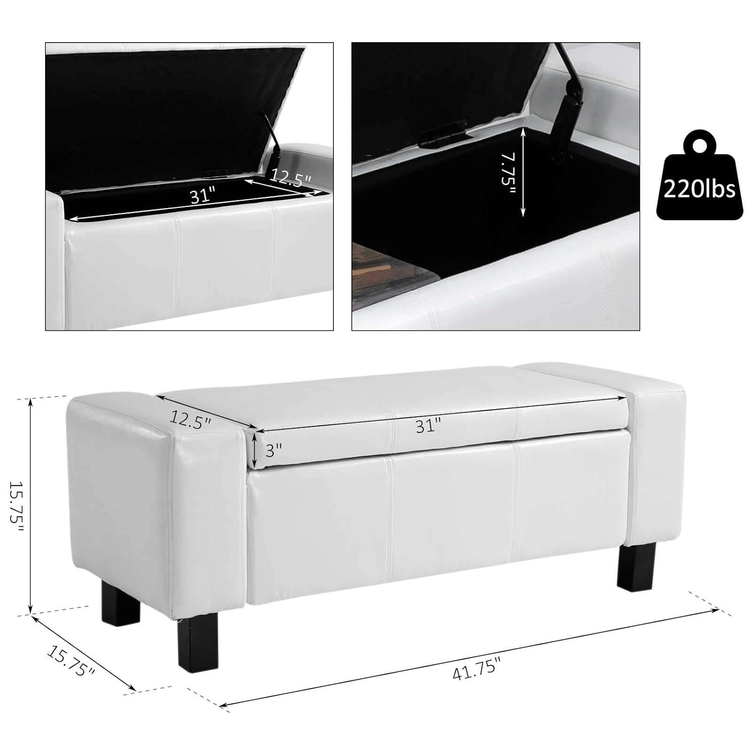 CCBIUOMBO 42\u201D Faux Leather  Ottoman Bench Organizer Chest Rectangular Footstool with Hinged Lid for Living Room  Entryway  or Bedroom - Cream White