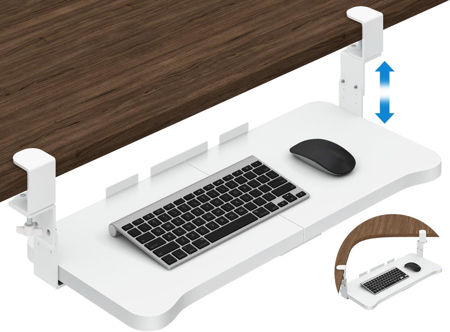 VIVO White Clamp-on Height Adjustable Keyboard and Mouse Under Desk Slider Tray