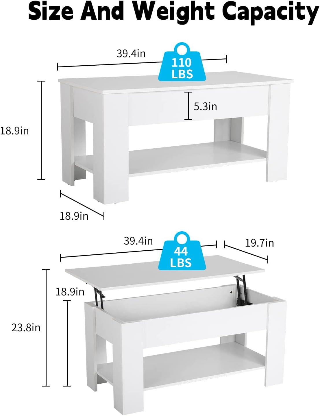 FDW Coffee Tables with Hidden Compartment and Storage Shelf Wooden Lift Tabletop Dining Table for Living Room Home (White)