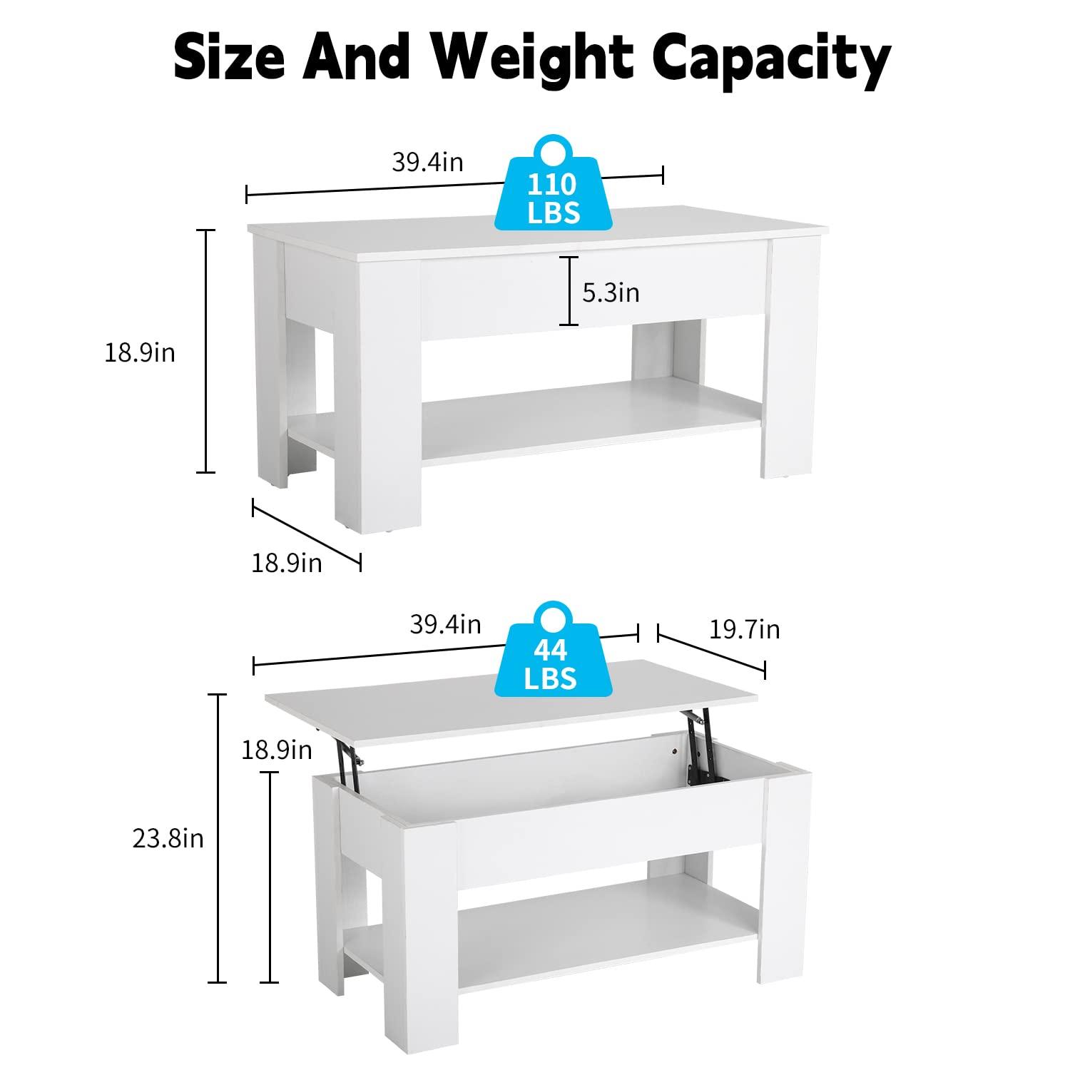 FDW Coffee Tables with Hidden Compartment and Storage Shelf Wooden Lift Tabletop Dining Table for Living Room Home (White)