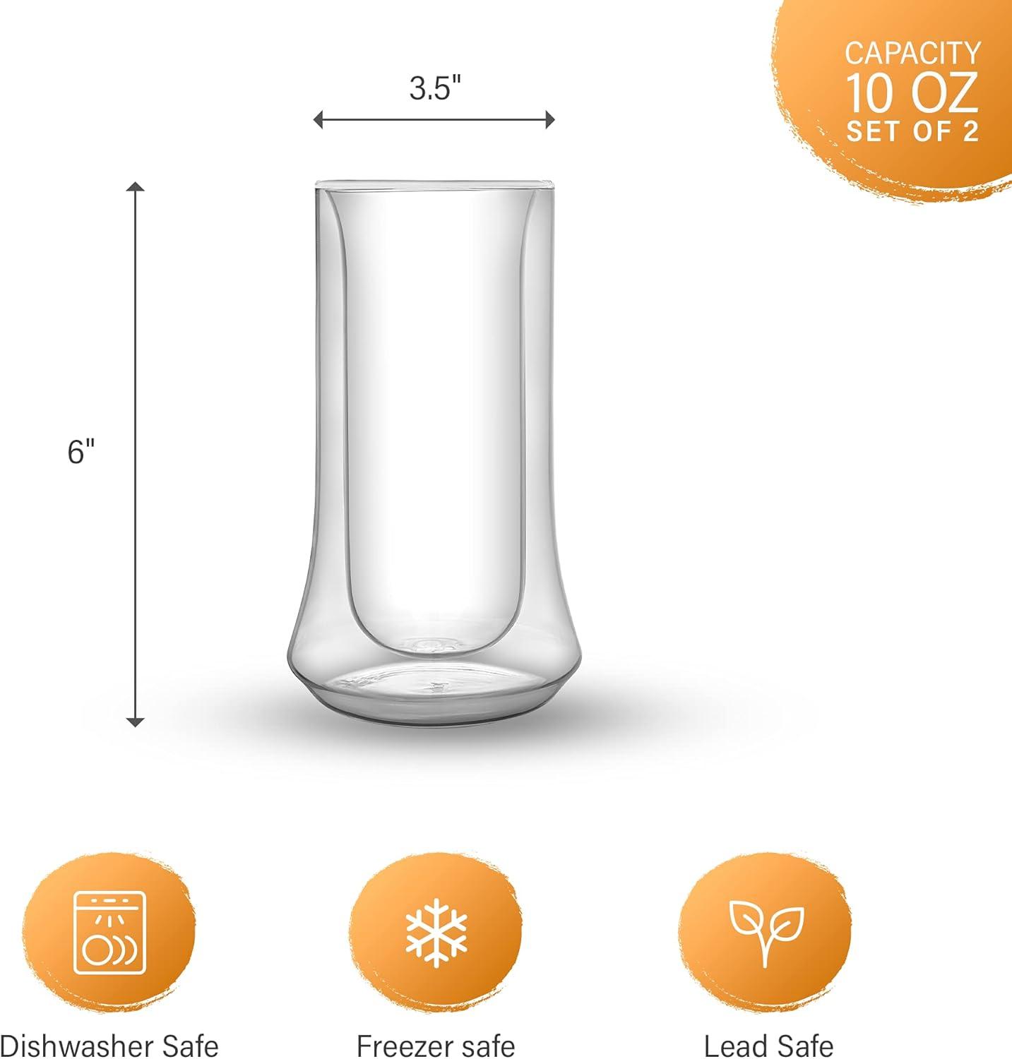 JoyJolt Cosmo Double Wall Highball Glasses – Set of 2 Insulated Glass Tumbler for Cocktails - 10 oz