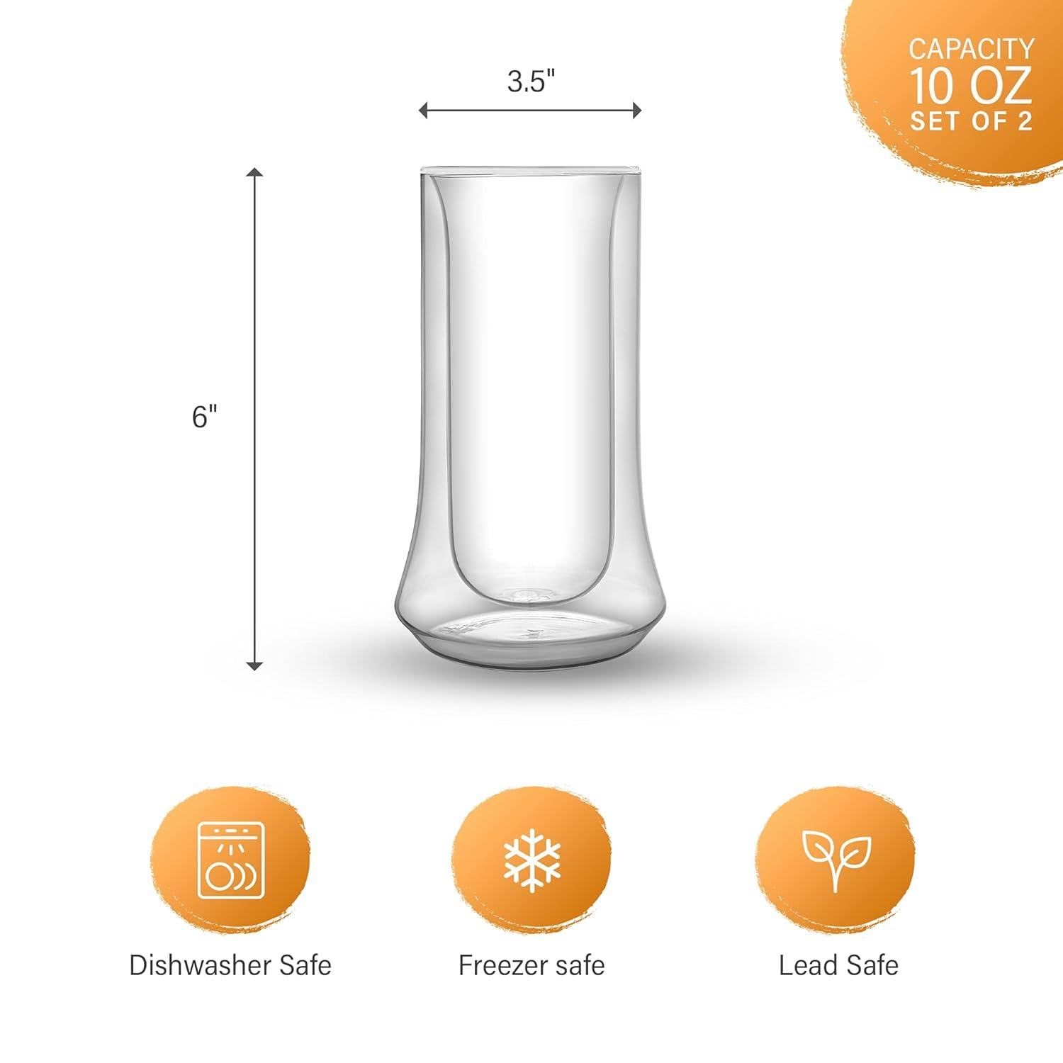 JoyJolt Cosmo Double Wall Highball Glasses – Set of 2 Insulated Glass Tumbler for Cocktails - 10 oz
