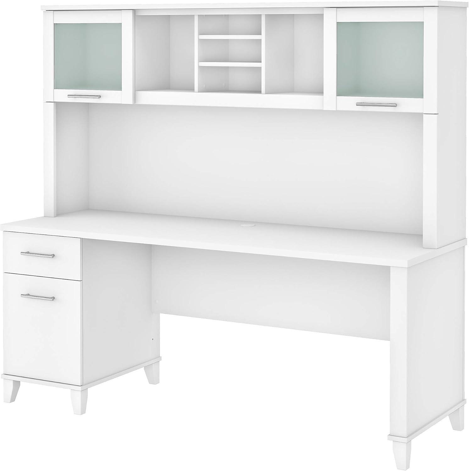 Somerset 72W Office Desk with Drawers and Hutch in White - Engineered Wood