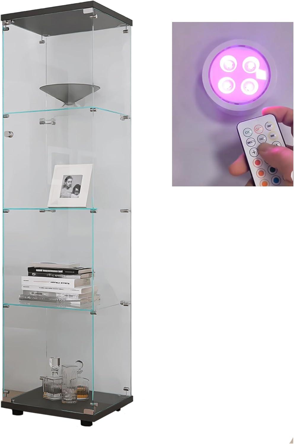 Glass Display Cabinet with LED Light,4 Tier Shelf Glass-Door Cabinet in Clear,Floor Standing Curio Cabinets Collection Display Case Glass Bookshelf