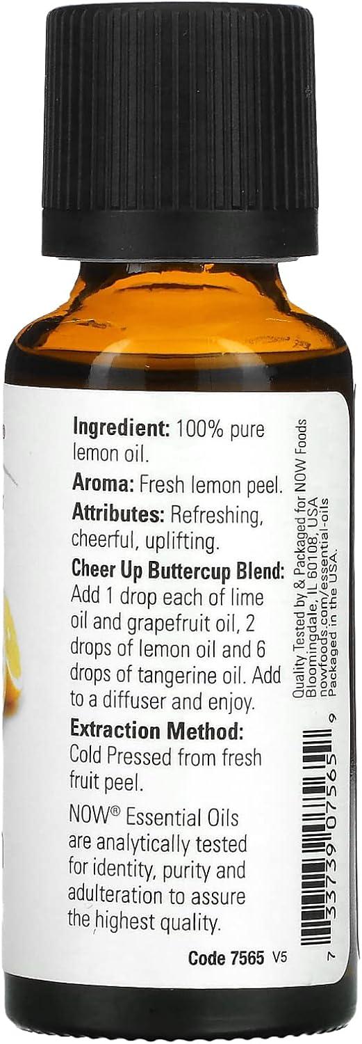 NOW Essential Oils, Lemon Oil, Cheerful Aromatherapy Scent, Cold Pressed, 100% Pure, Vegan, Child Resistant Cap, 1-Ounce