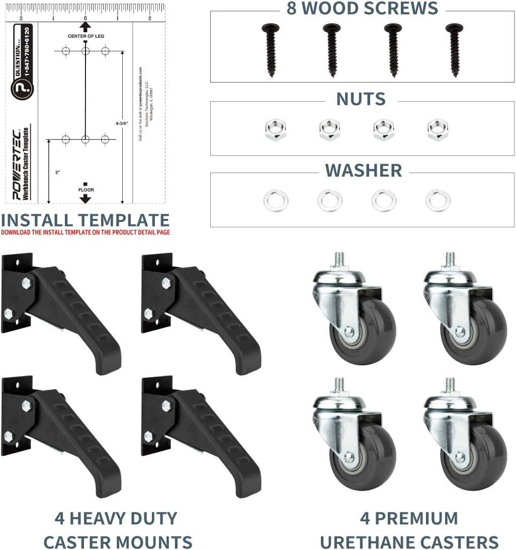 POWERTEC Workbench Caster Kit Set of 4 with 400 lbs Loads, 2-1/2 Inch Retractable Stepdown Caster Wheels for Workbenches, Tables, Stands and Equipments (17000)