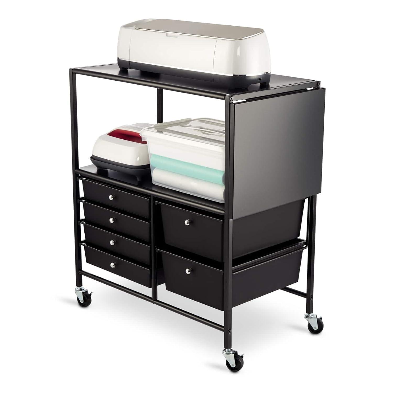 Essex Black Drawers & Rolling Cart with Tray and Extendable Table by Simply Tidy - Multi-Functional Storage Cart for Art & Craft Supplies - 1 Pack
