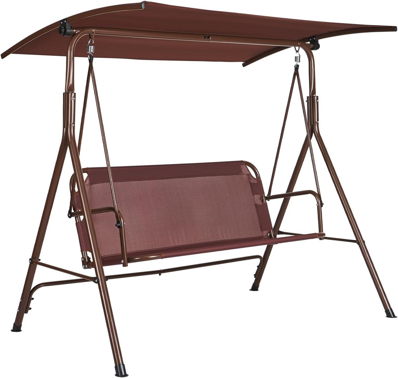 Brown 3-Person Alloy Steel Patio Swing with Adjustable Canopy