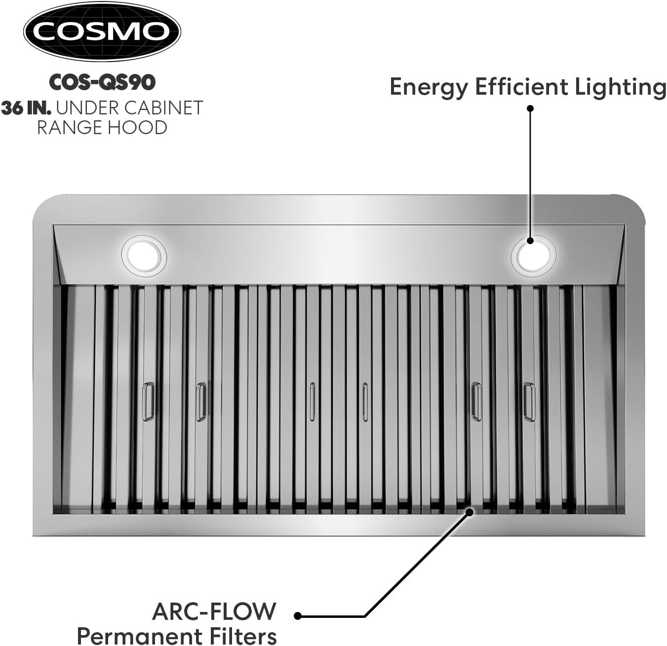 Cosmo COS-QS90 36 in. 500 CFM Ducted Under Cabinet Range Hood in Stainless Steel