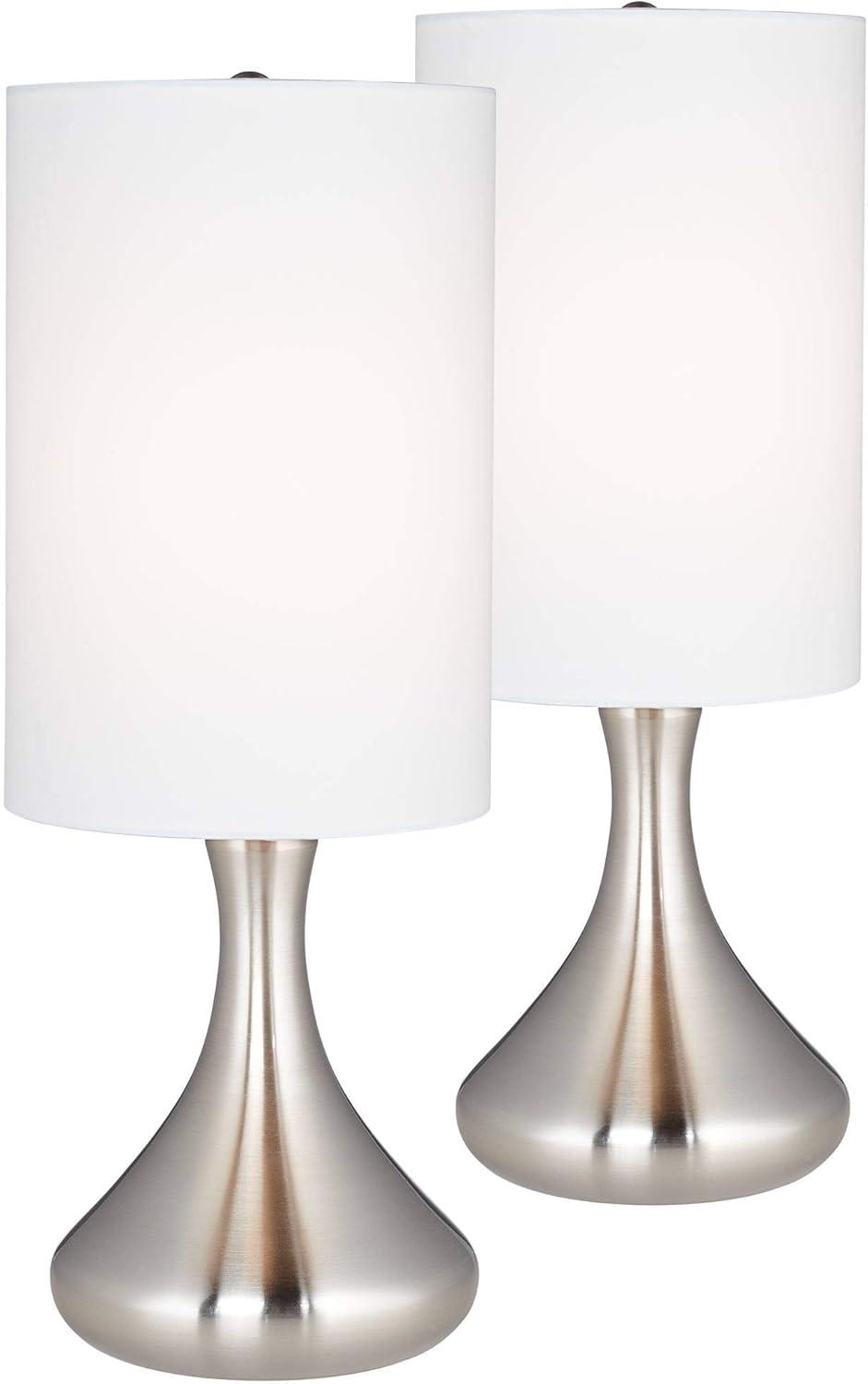 360 Lighting Melmore Modern Mid Century Accent Table Lamps 17" High Set of 2 Brushed Nickel Metal Droplet White Cylinder Shade for Bedroom House Home