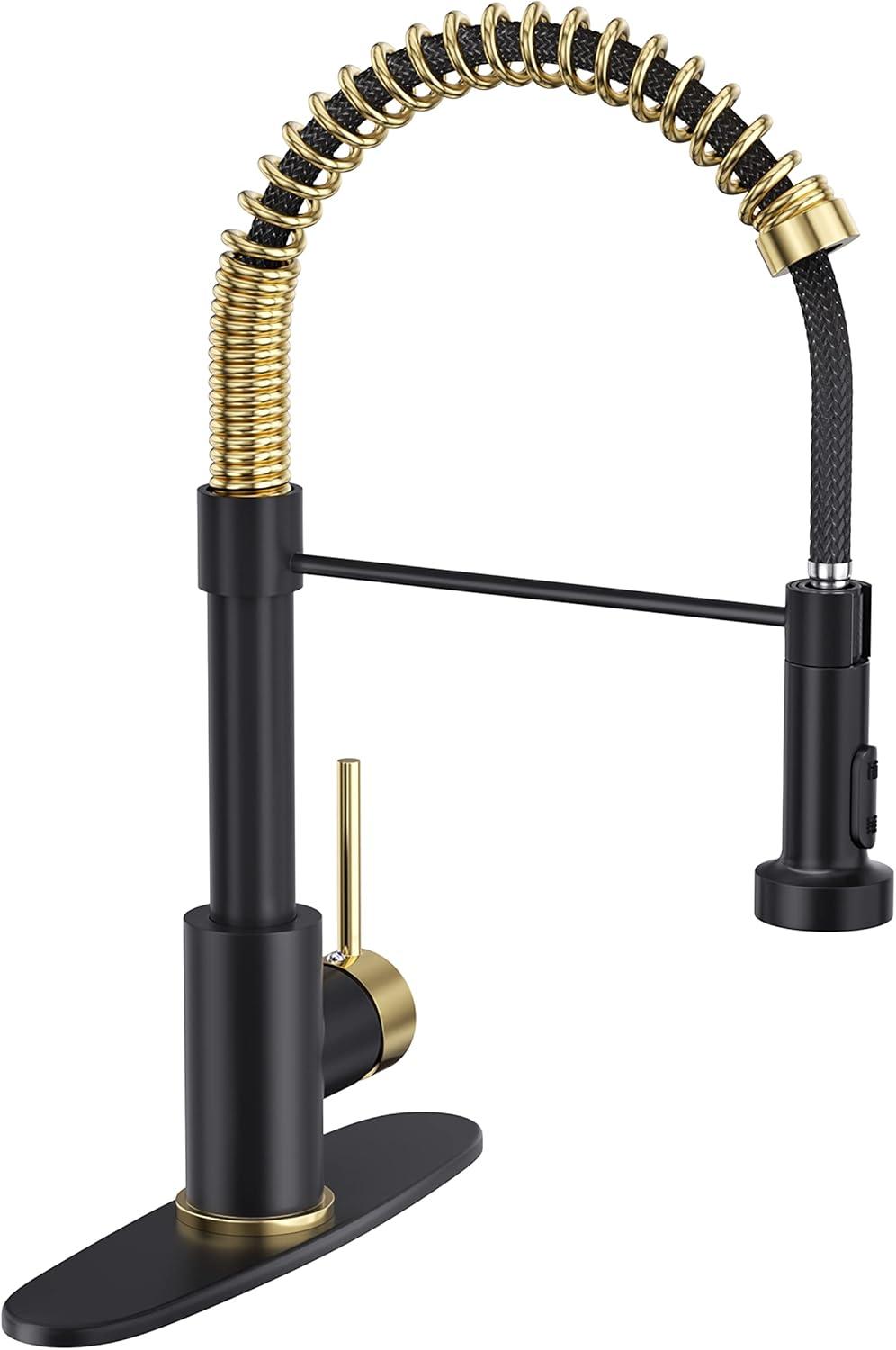 Black and Gold Stainless Steel High-Arc Kitchen Faucet with Pull-Out Spray