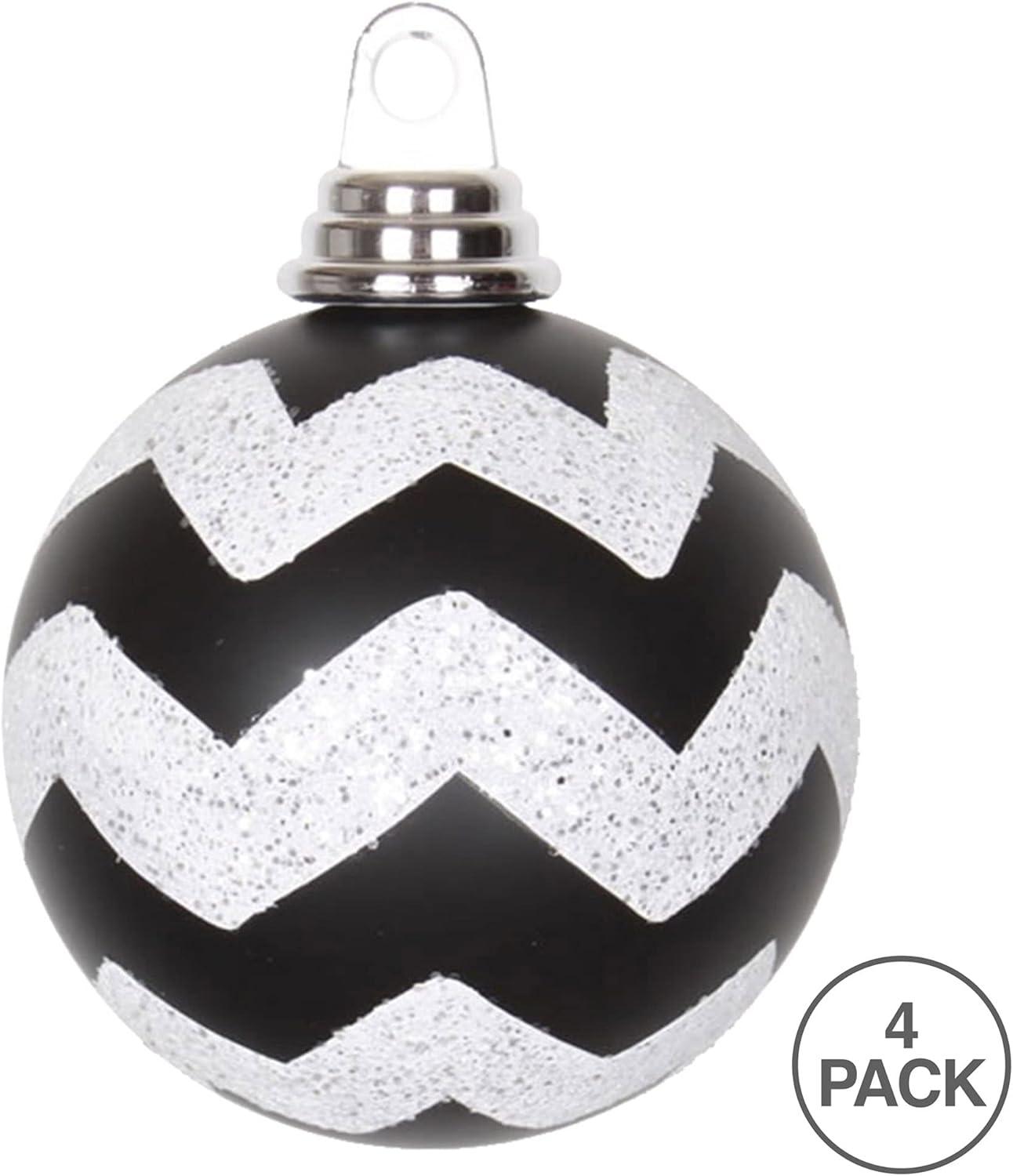 Vickerman 4" Black and White Matte Chevron Ball Christmas Ornament with Glitter Accents, 4 per Box