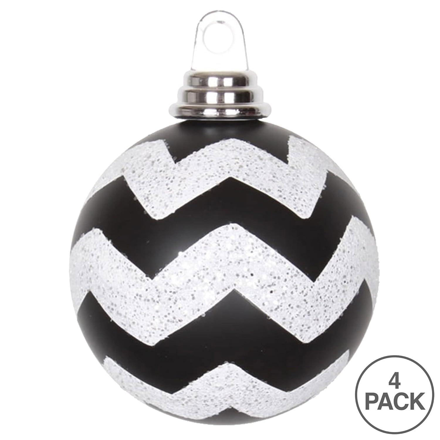 Vickerman 4" Black and White Matte Chevron Ball Christmas Ornament with Glitter Accents, 4 per Box