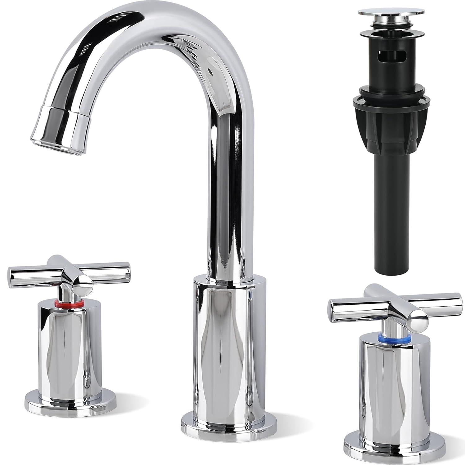 GXCROR Bathroom Faucets for Sink 3 Hole,2-Handle 8 inch Widespread Bathroom Sink Faucet with Pop Up Drain, Brushed Gold Basin Faucet Mixer Taps