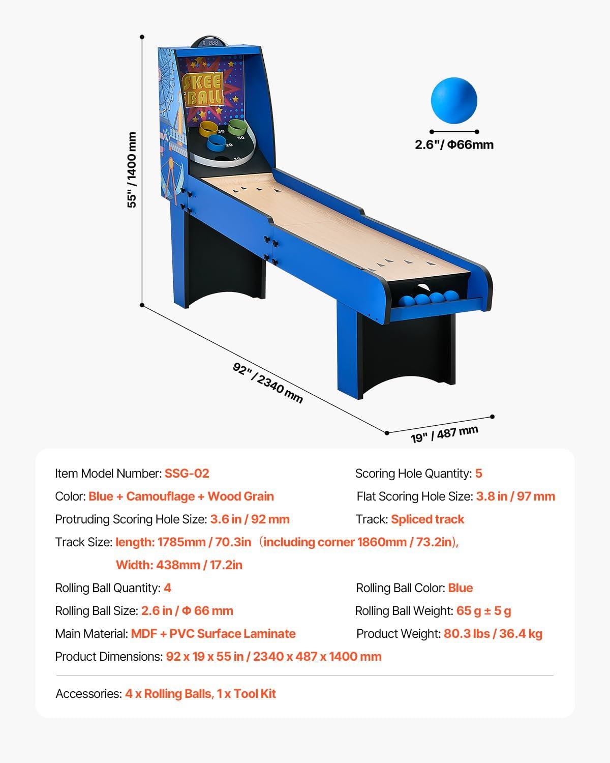 8 ft. Roll and Score Classic Arcade Game Table, Skee Ball Arcade Machine Indoor with Electronic Scorer, Sound, Automatic