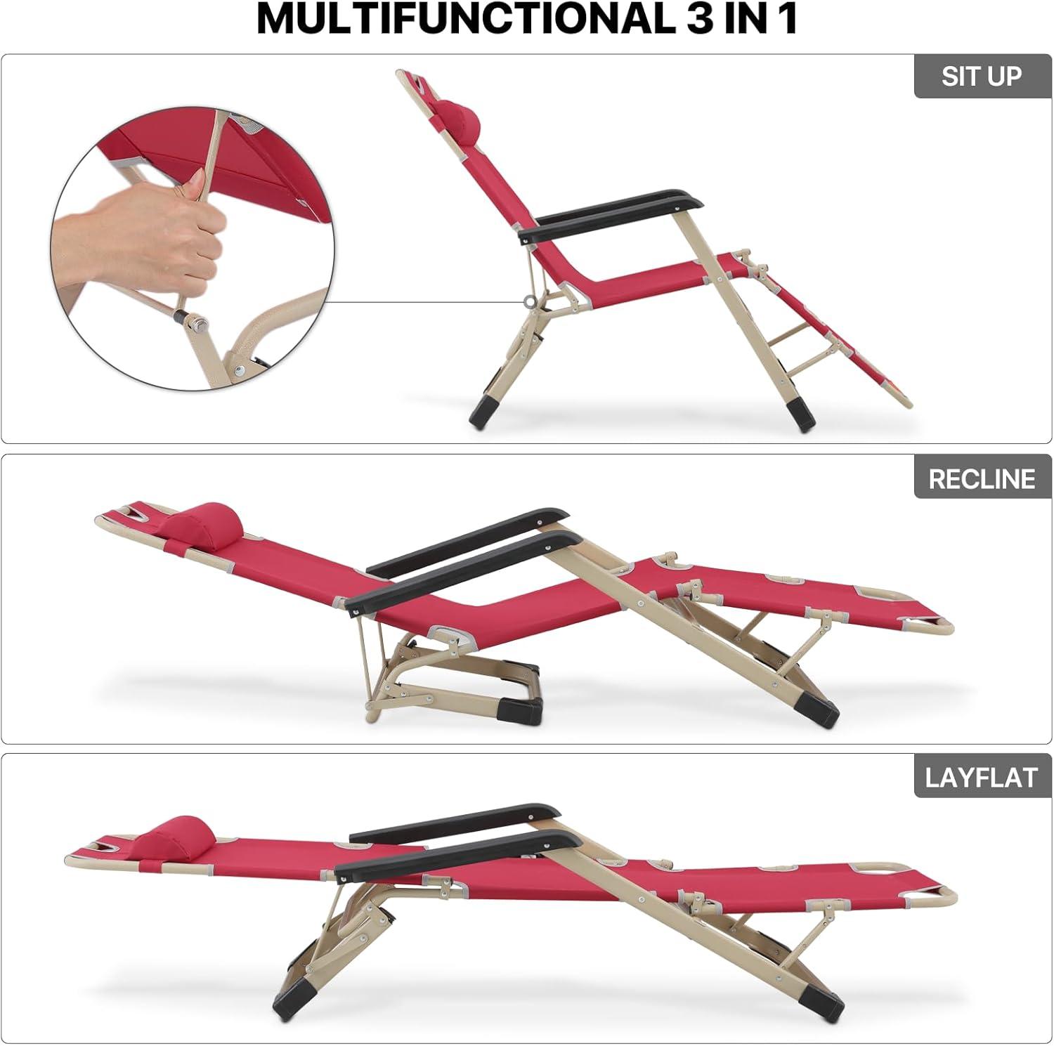 MoNiBloom Lounge Chair with Adjustable Headrest, Outdoor Foldable Recliner, Folding Reclining Lounger for Adults, Support 330lbs, Maroon