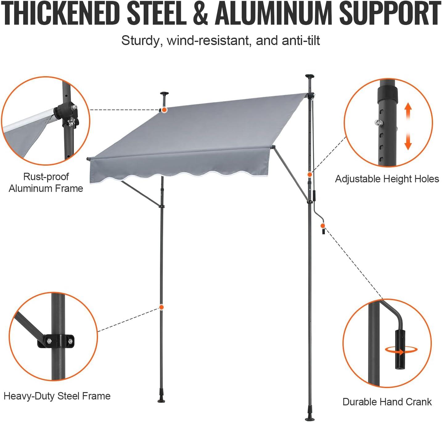 Gray Retractable Patio Awning with Manual Crank, 59" x 47"