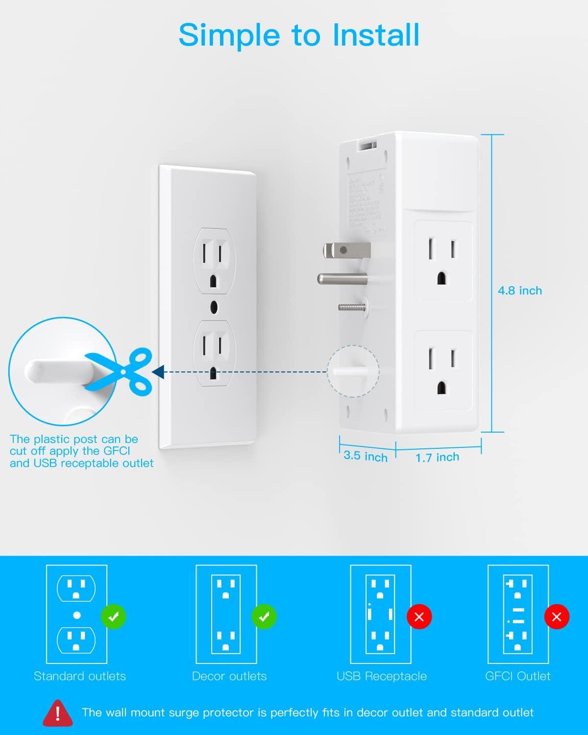 White 3-Sided Wall Tap Surge Protector with USB Ports