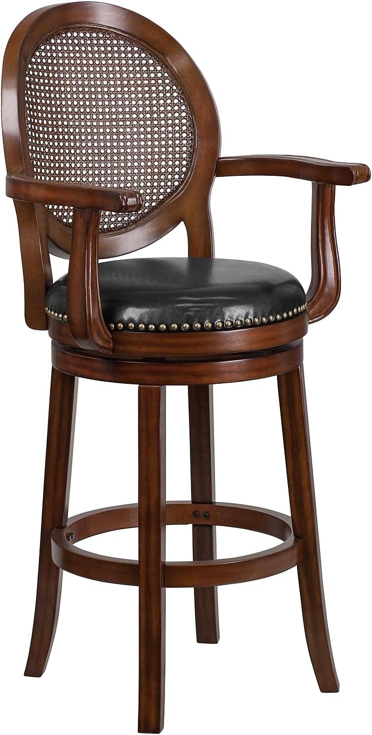 Flash Furniture 30'' High Expresso Wood Barstool with Arms, Woven Rattan Back and Black LeatherSoft Swivel Seat