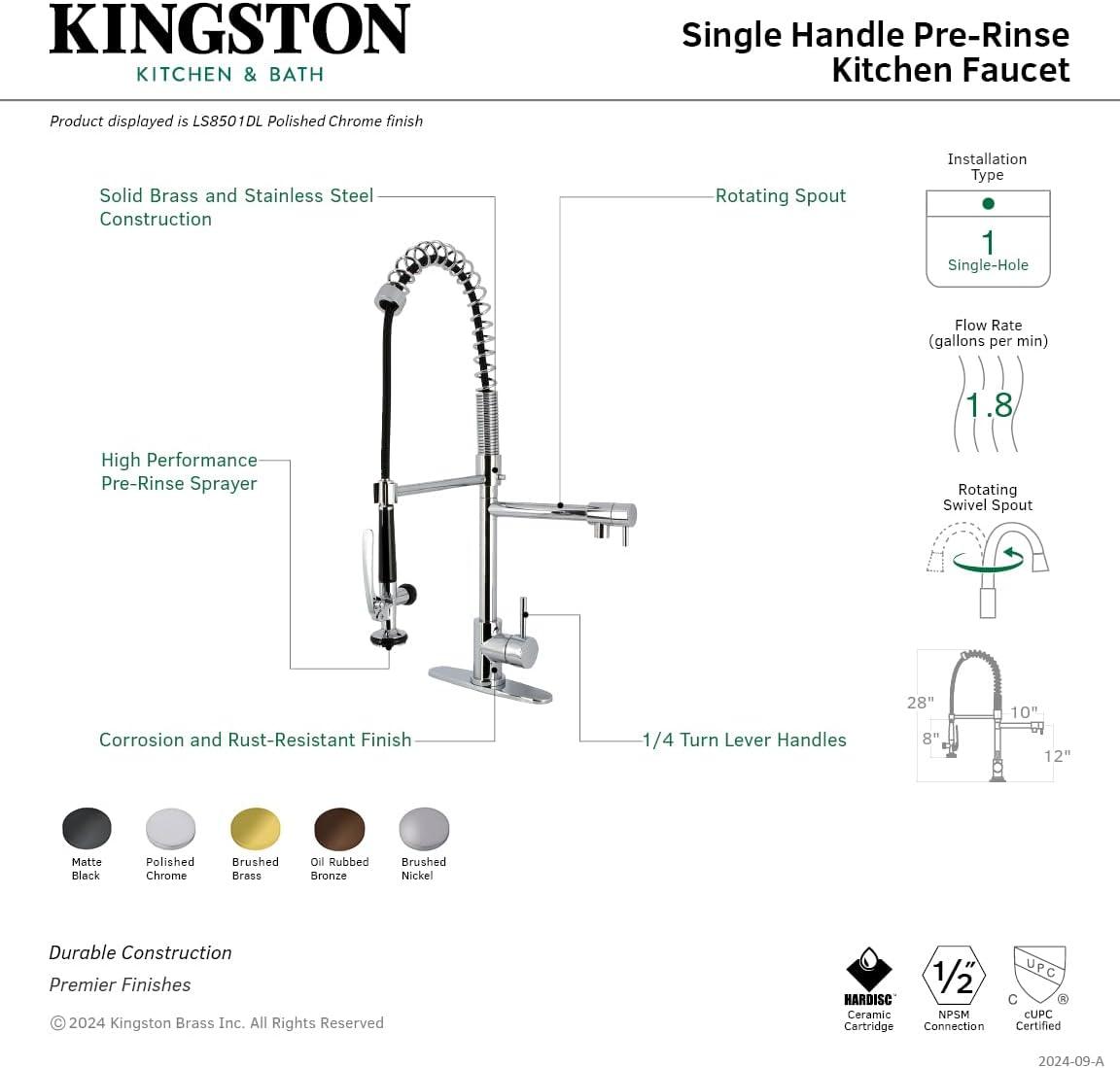 Polished Chrome Single Handle Pre-Rinse Kitchen Faucet