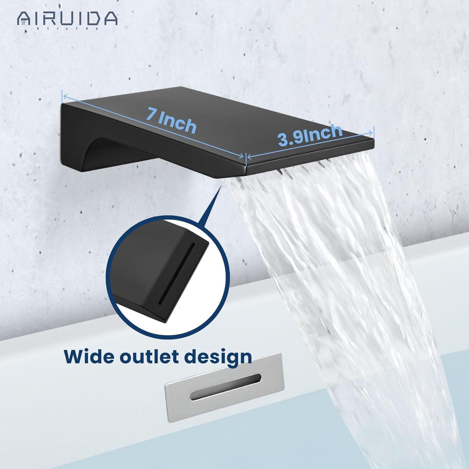 Airuida Wall Mount Tub Faucet with Waterfall Tub Spout Wall Mounted Bathtub Faucet with Handheld Shower Single Handle Tub Filler Shower Faucet Set with Rough-in valve Straight Spout Matte Black