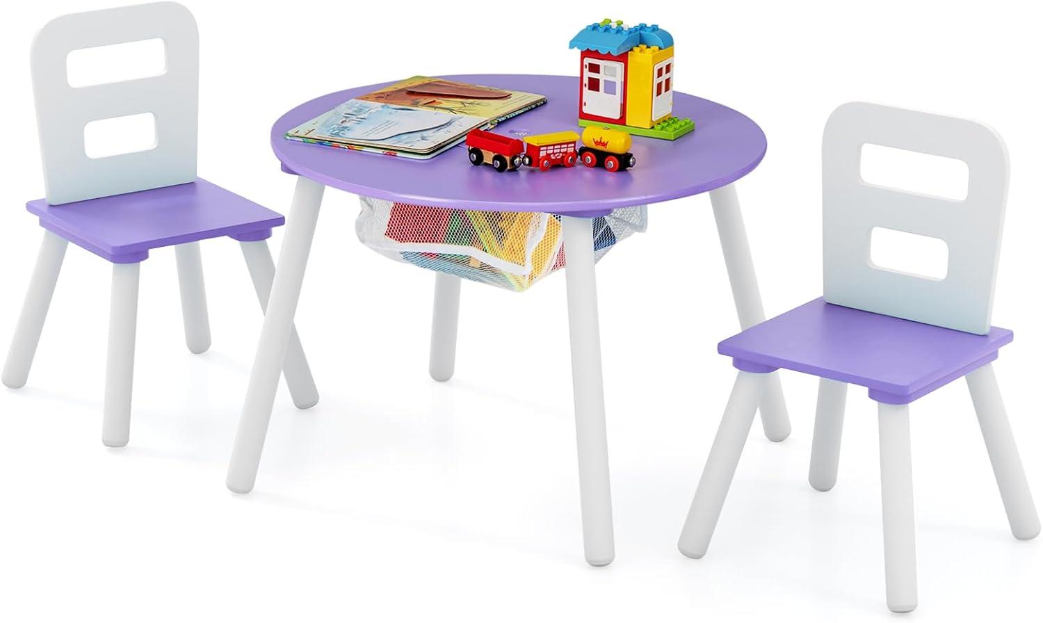 Purple Wooden Kids Table and Chair Set with Storage