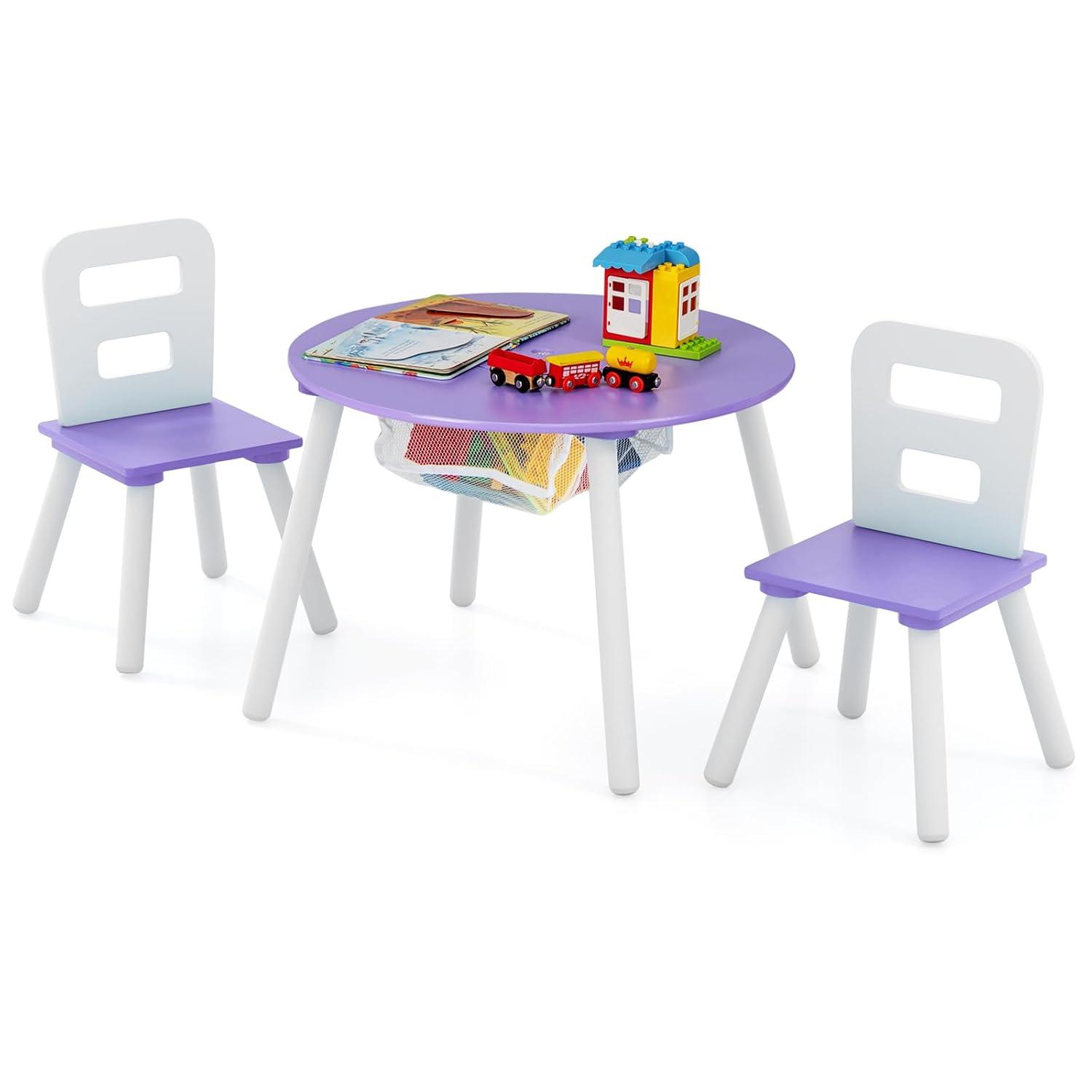 Costzon Kids Table and Chair Set, Wood Activity Table w/Center Mesh Storage, Children Furniture Gift for Boys & Girls, Ideal for Arts, Crafts, Snack Time, Homework, Toddler Table and Chair Set, Purple