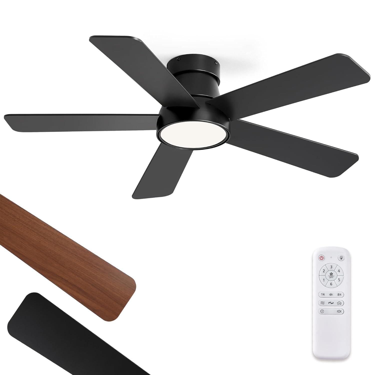Fanbulous 42 Inch Ceiling Fans with Lights and Remote,Outdoor Indoor Modern Flush Mount Ceiling Fan with 3CCT 6-Speed Quiet DC Motor,Black Small Low Profile Ceiling Fan for Bedroom Living Room Office
