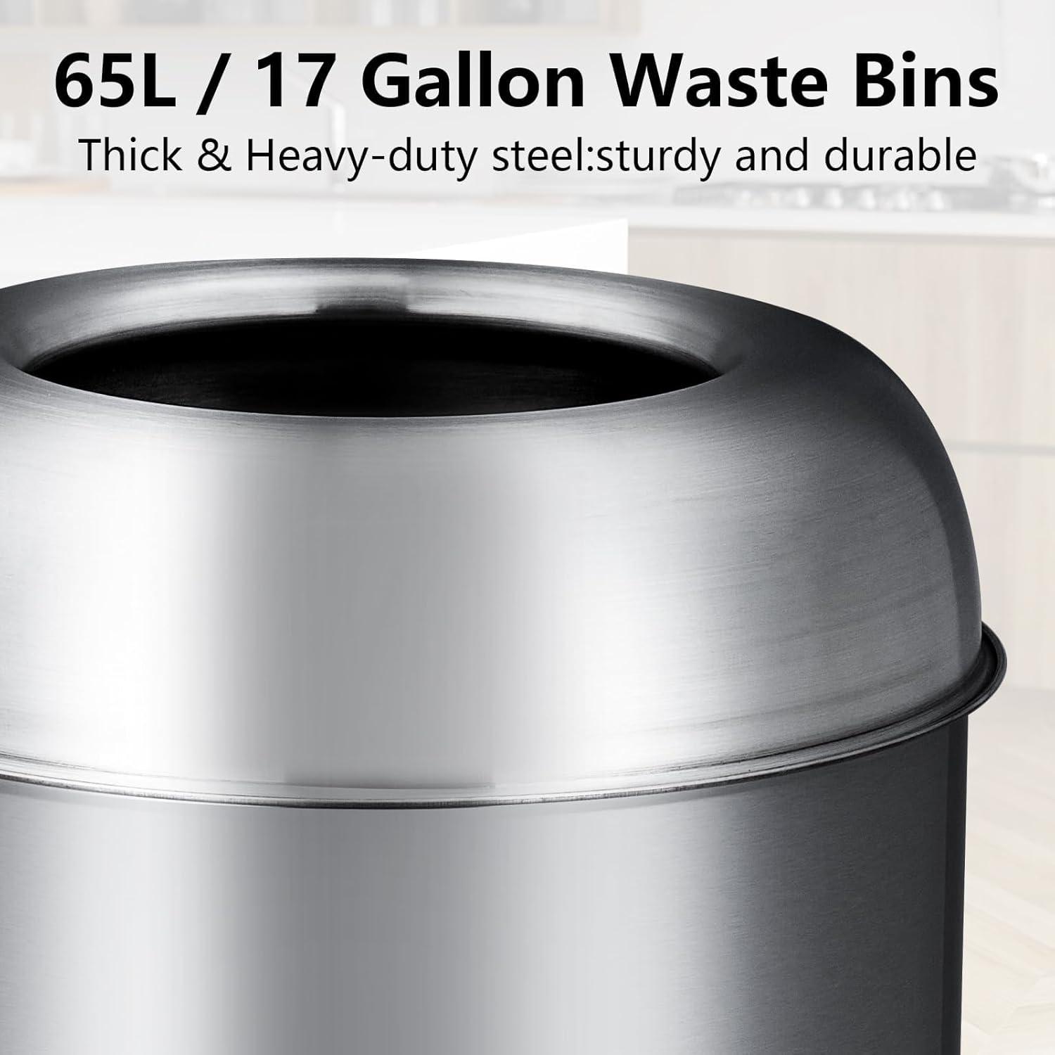 65 L / 17 Gal Open Top Trash Can Commercial Grade Heavy Duty Brushed Stainless Steel for Outdoor | Kitchen Waste Bins Home House Family