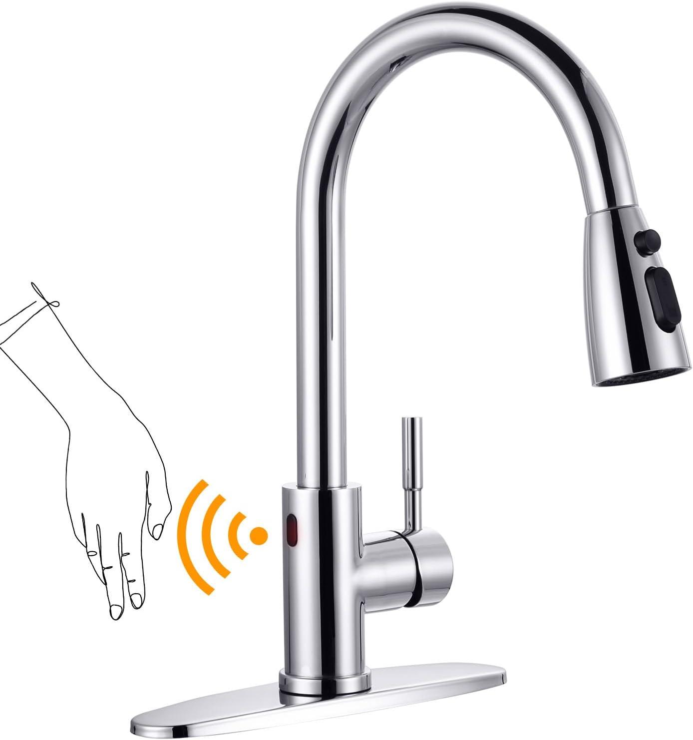 Touchless Kitchen Faucet Stainless Steel: WOWOW Smart Motion Sensor Kitchen Sink Faucet with Sprayer, Automatic Hand-Free Polished Chrome Kitchen Faucet for Sink 1 or 3 Hole