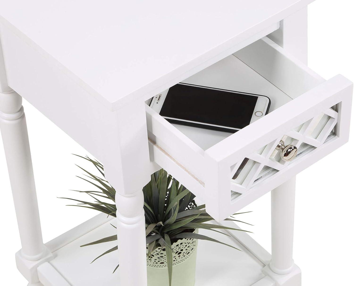 Convenience Concepts French Country Khloe Deluxe 1 Drawer Accent End Table 14" - Traditional Farmhouse Side Table with Mirrored Storage Drawer and Shelf for Living Room, White