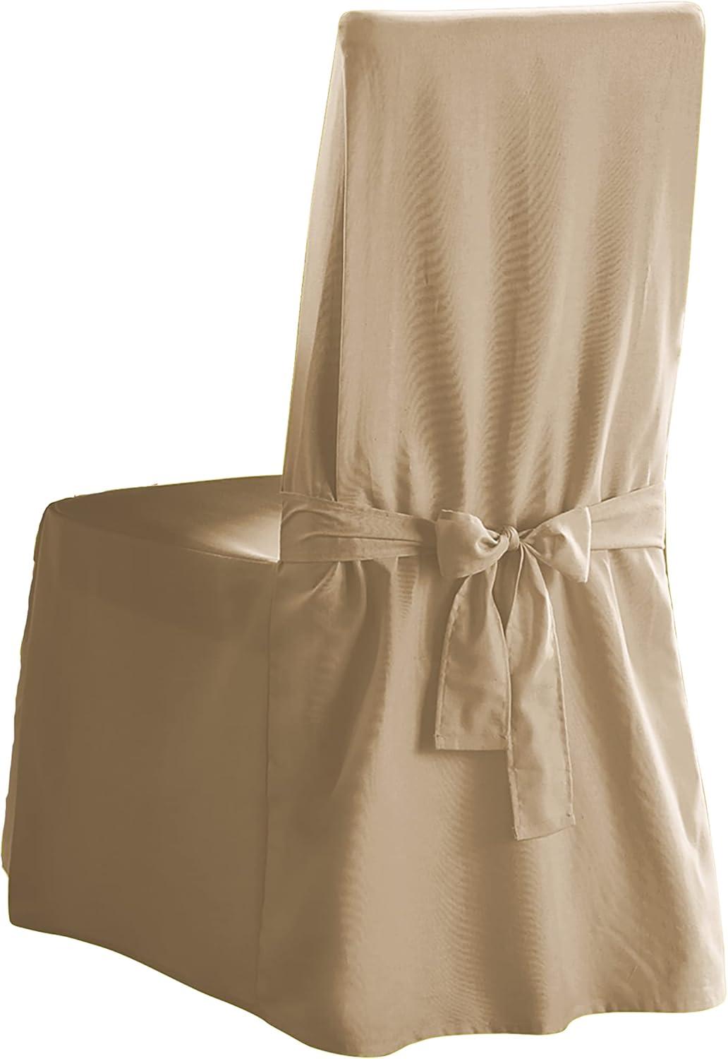 Tan Cotton Duck Long Dining Chair Slipcover with Ties