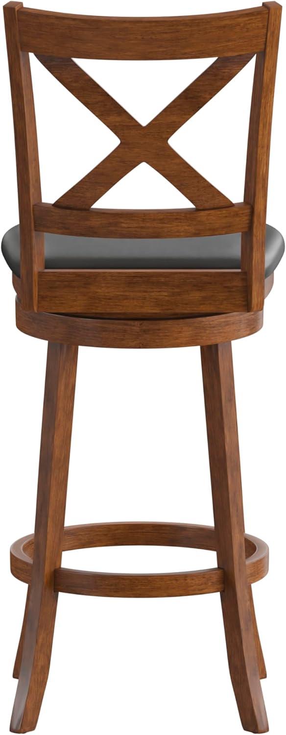 Merrick Lane 30" Gray Wash Walnut Classic Wooden Crossback Swivel Bar Height Pub Stool with Black Faux Leather Padded Seat and Integrated Footrest