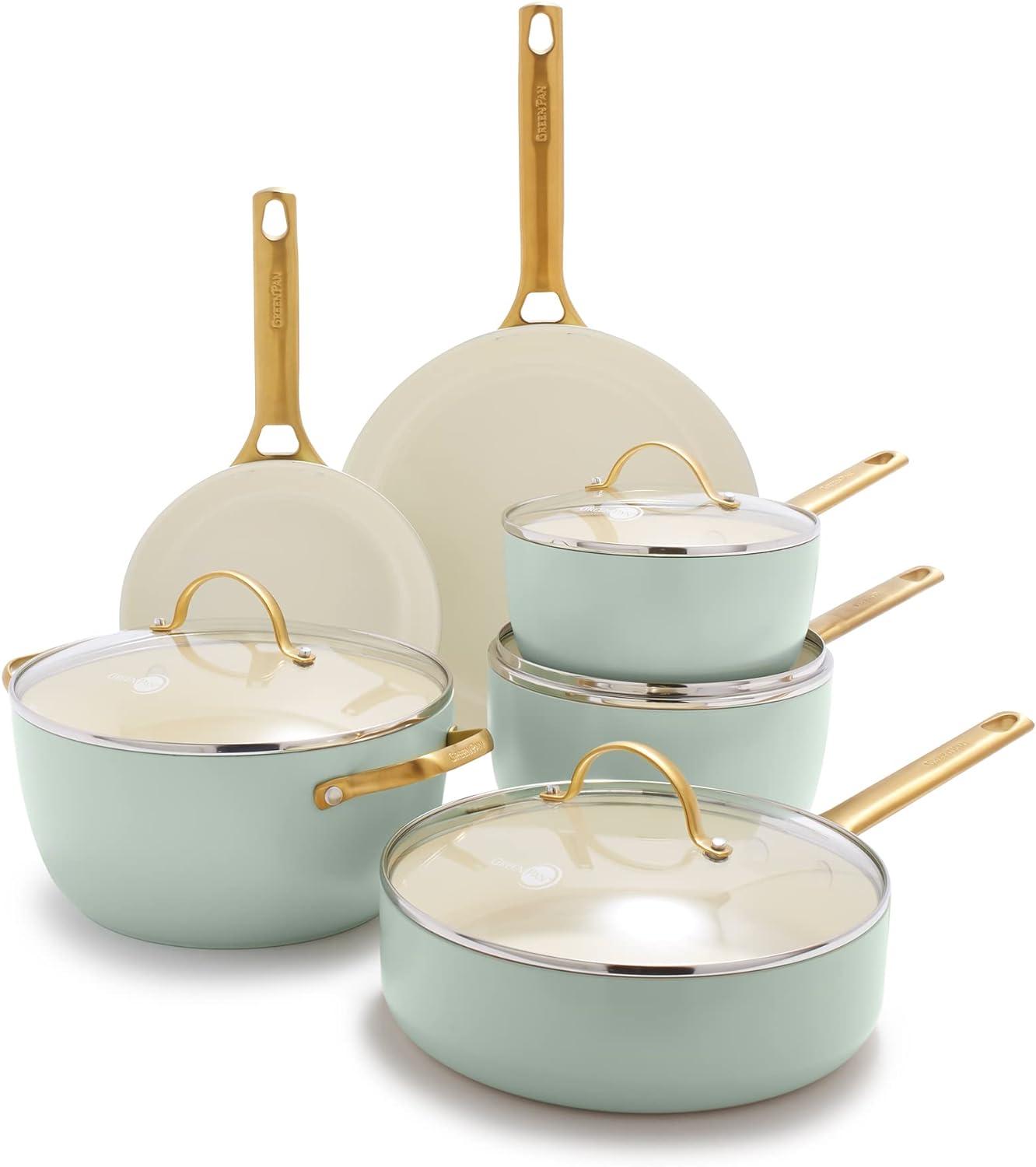 Mint Green Aluminum Nonstick 10-Piece Cookware Set with Gold Handles