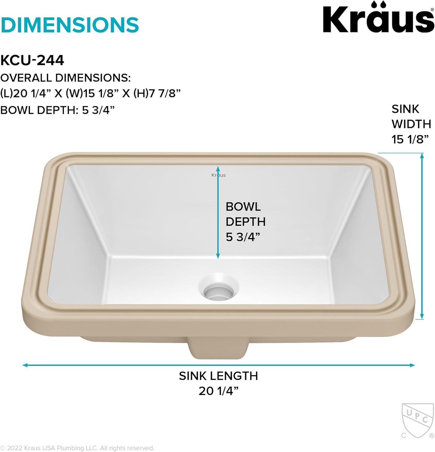 KRAUS Elavo. Rectangular Porcelain Ceramic Undermount Bathroom Sink In White With Overflow Drain, KCU-244