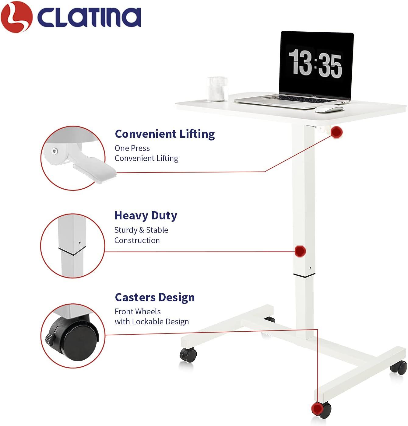 CLATINA Mobile Laptop Desk Pneumatic Sit to Stand Table Height Adjustable Rolling Cart with Lockable Wheels for Home Office Computer Workstation 28" x 19" White