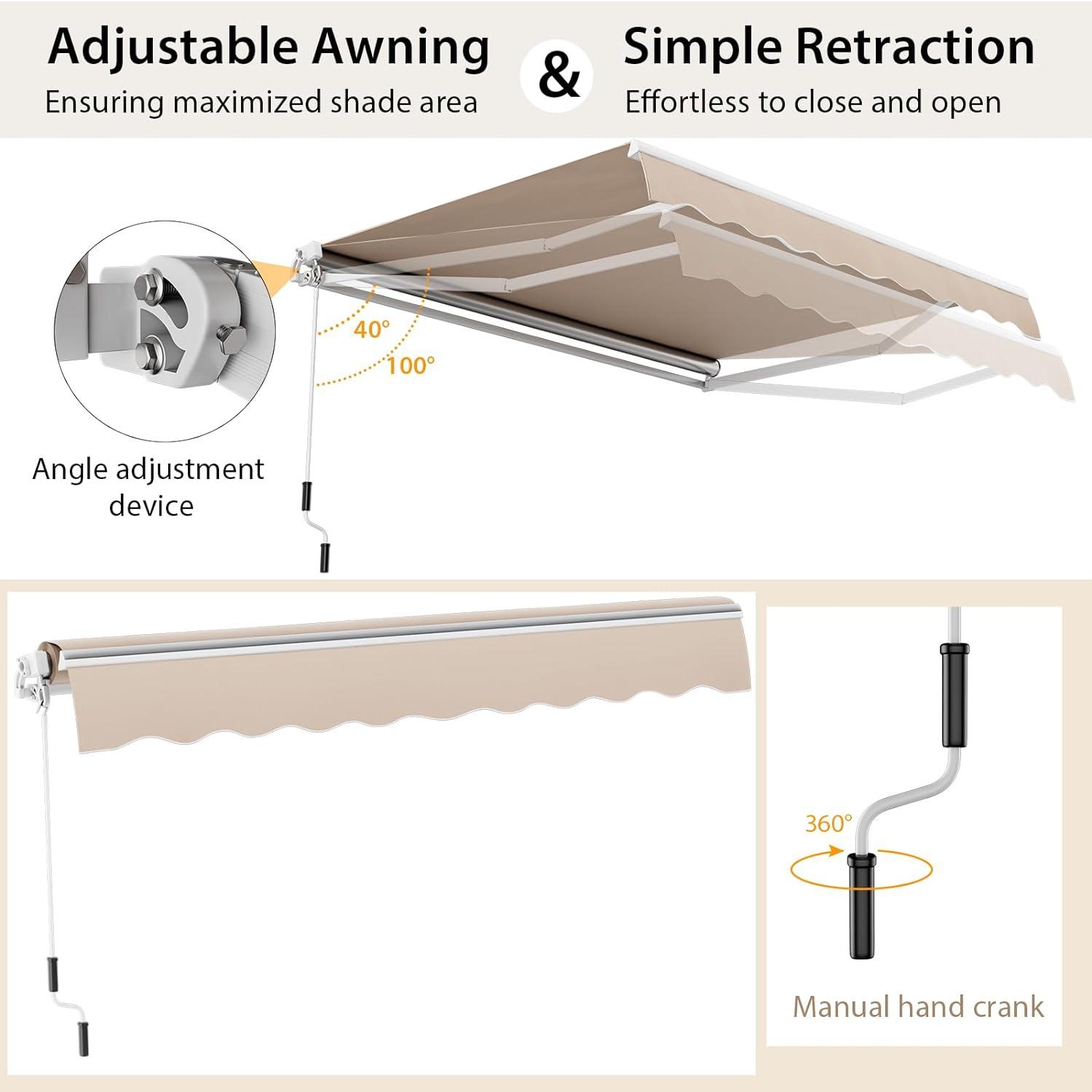 Gymax 10 x 8.2 ft Outdoor Patio Retractable Awning Polyester Sunshade Cover w/ Manual Crank Handle Deck Beige