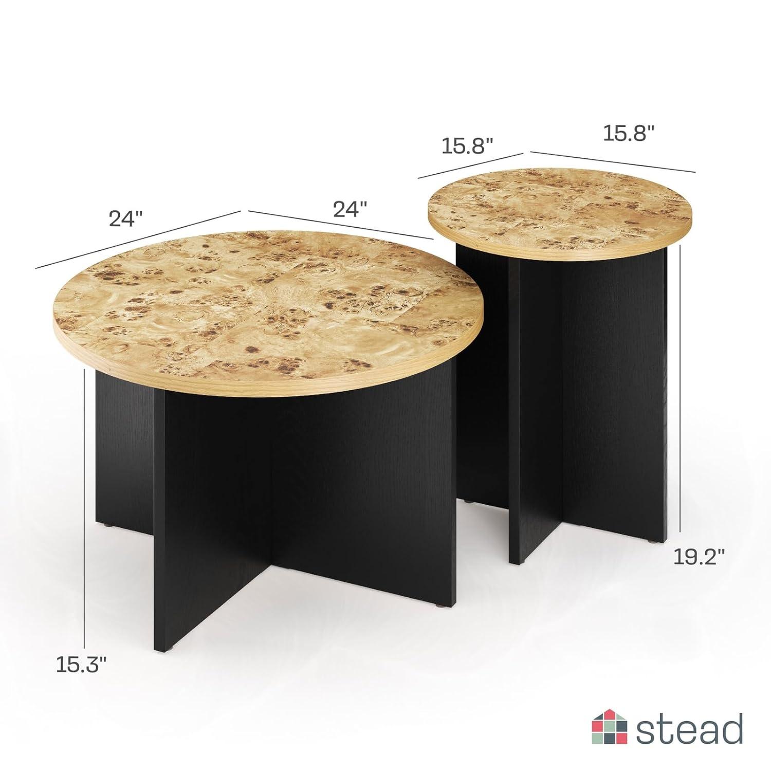 Stead Black and Burl Wood Coffee Table - Black and Wood Coffee Table - Round Nesting - 2 Piece Coffee Table Set