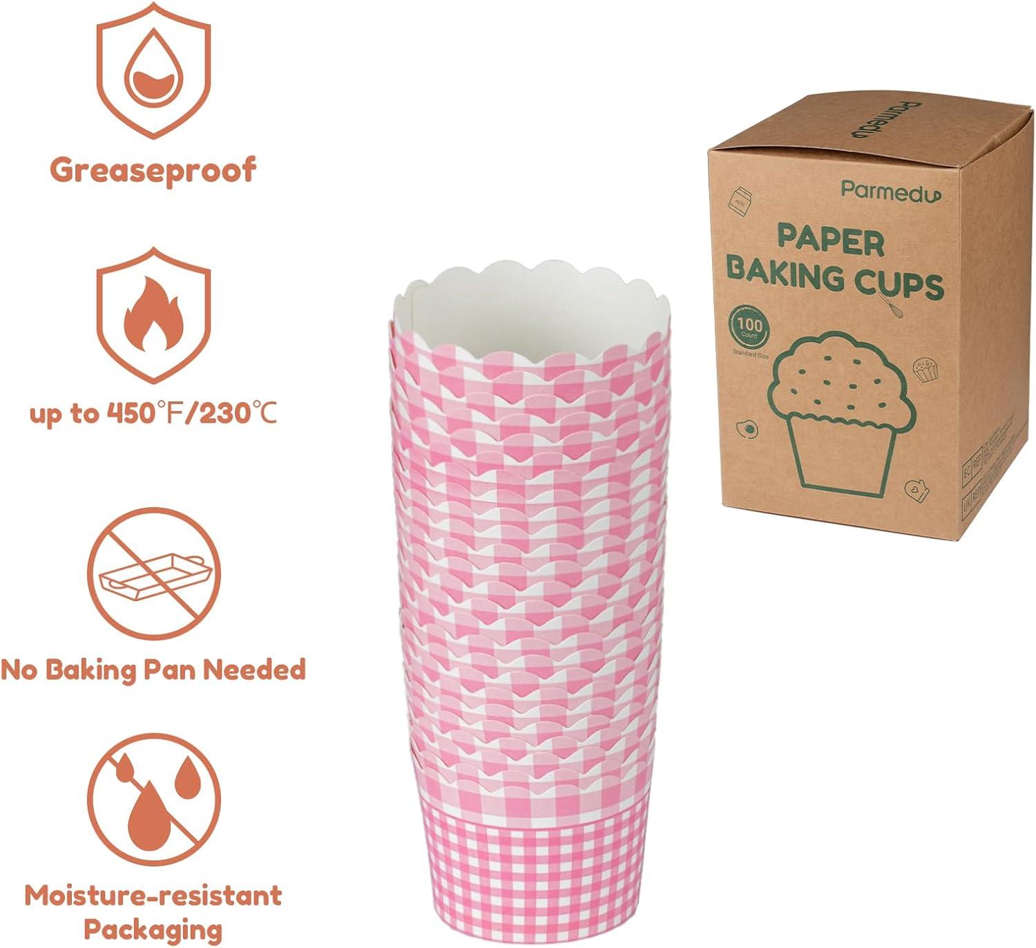 100pcs Baking Paper Cupcake & Muffin Liners - 2.4 Inches, No Baking Pan Needed, Thick & Sturdy, High Temperature & Oil Resistant, Non-stick - Pink Serie 4 Patterns, Model BK011