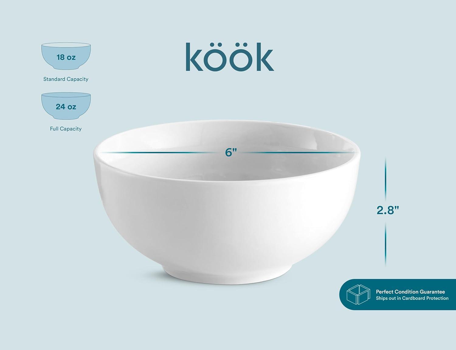 Kook Ceramic Cereal Bowl, Set of 6, 24 Oz ,White