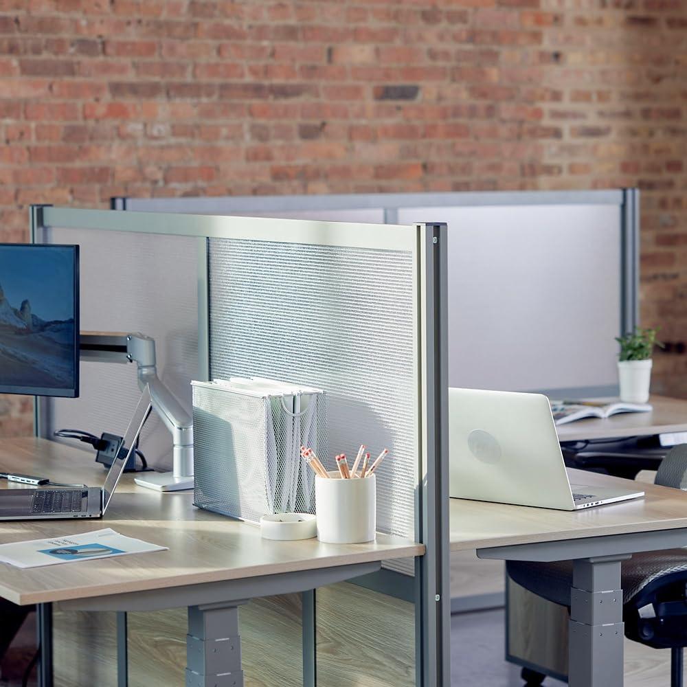 At Work Room Divider Privacy Partition 73"W Warm Ash Laminate and Plexiglas Inserts/Brushed Nickel Finish Aluminum and Steel Frame