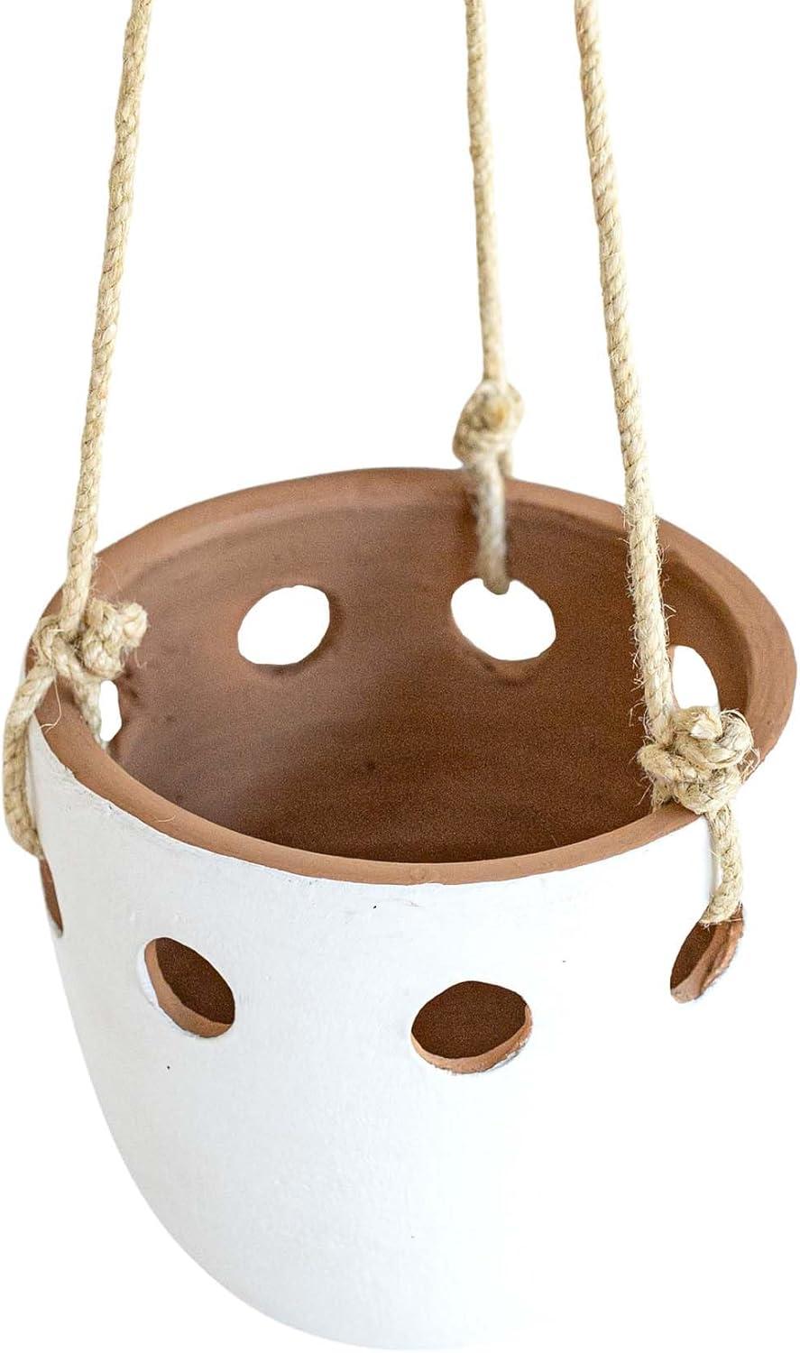 Round Cutout Hanging Planter White Terracotta & Jute by Foreside Home & Garden