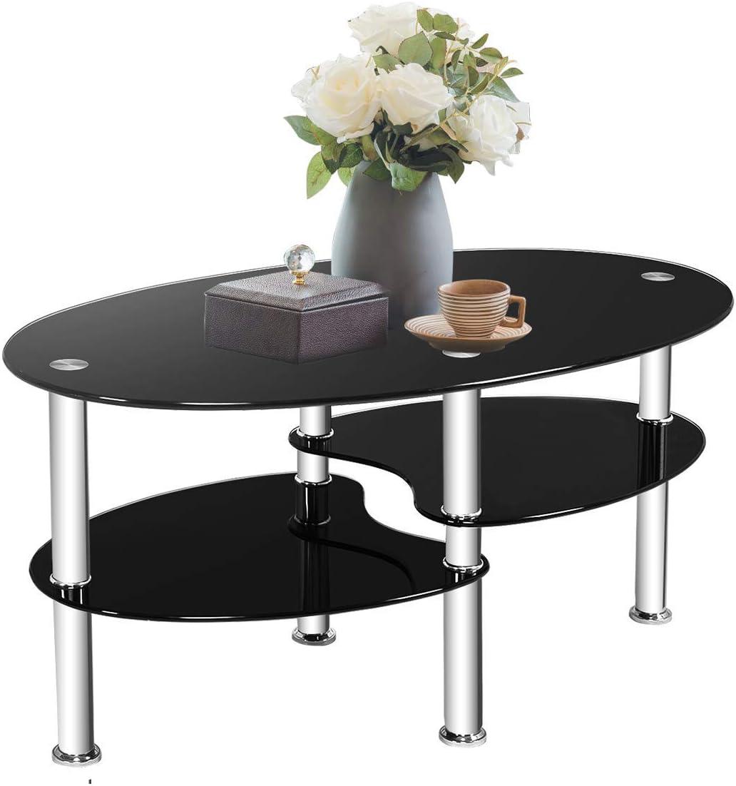 Costway Tempered Glass Oval Side Coffee Table Shelf Chrome Base Living Room Black