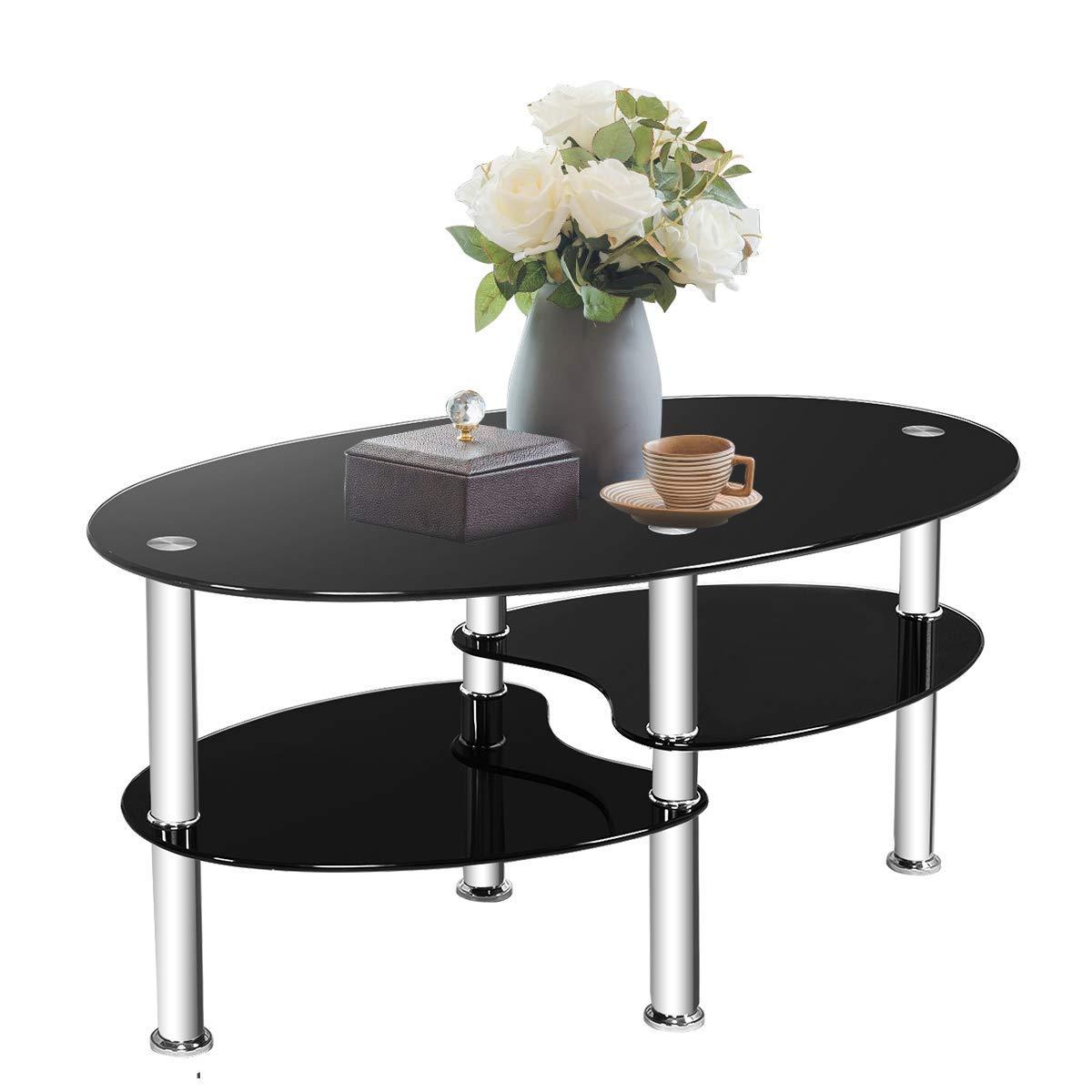 Costway Tempered Glass Oval Side Coffee Table Shelf Chrome Base Living Room Black