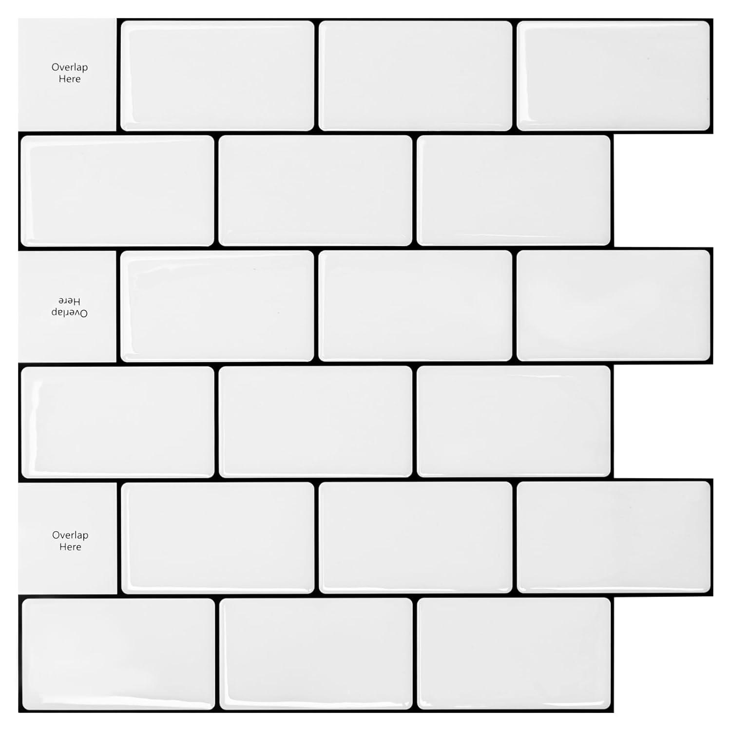 Art3d Peel and Stick Backsplash Tile, 10-Sheet Stick on Subway Tiles for Kitchem, Bathroom Back Splashes, 12"x12", Warm White with Black Grout