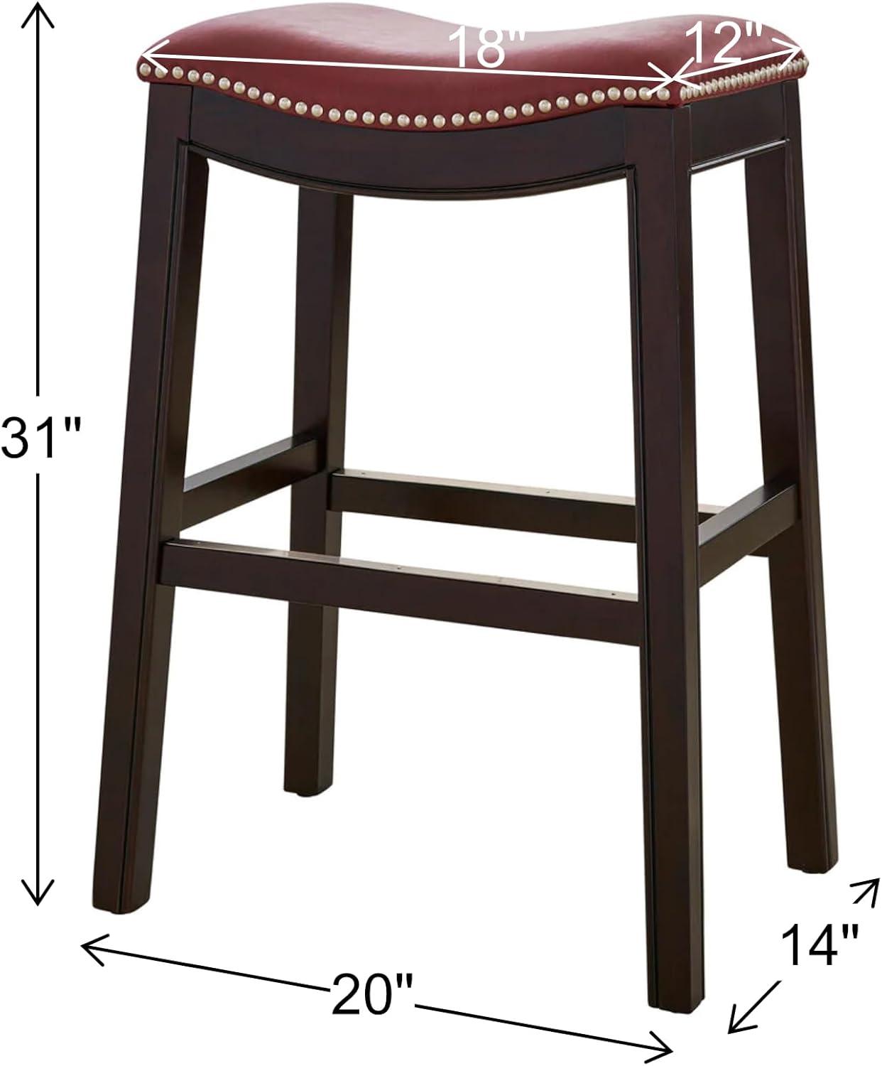 New Ridge Home Goods Julian 31in. H Bar-Height Wood Barstool with Red Faux-Leather Seat