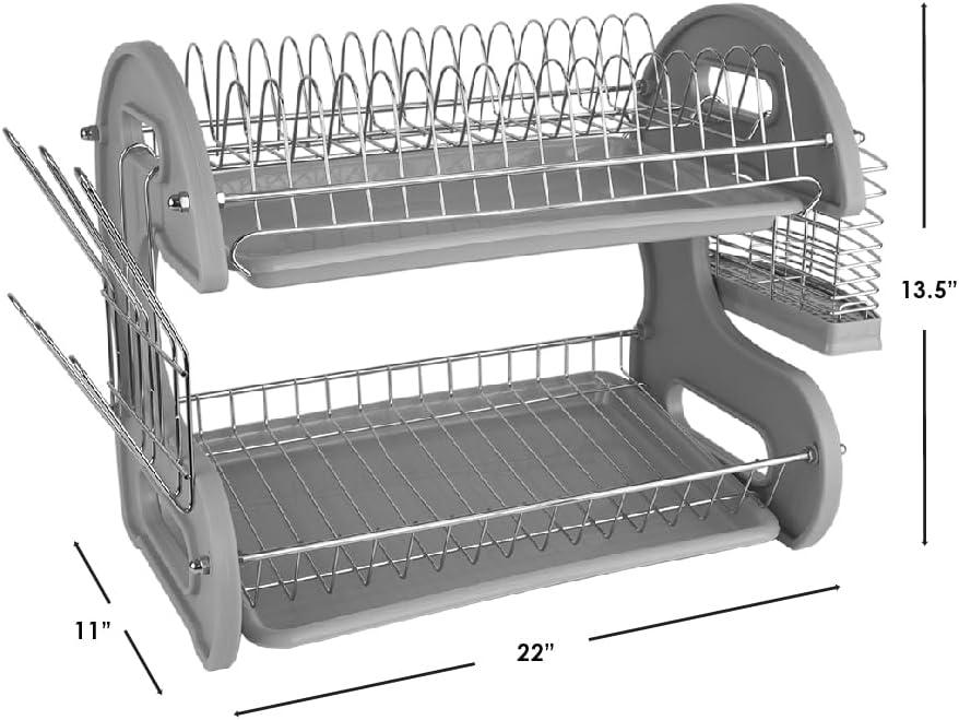 Grey Foldable 2-Tier Metal Dish Rack with Utensil Cup