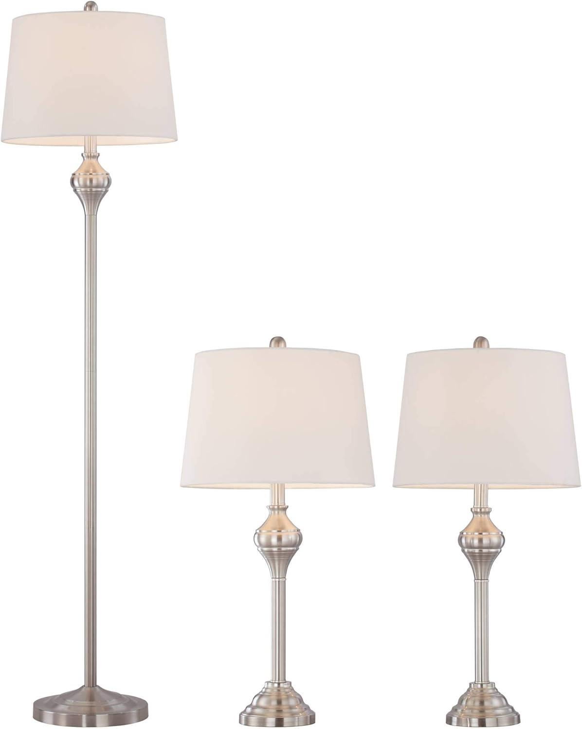 Barnes and Ivy Mason Traditional Table Floor Lamps 56" Tall Set of 3 Brushed Steel White Tapered Drum Shade for Bedroom Living Room Bedside Nightstand