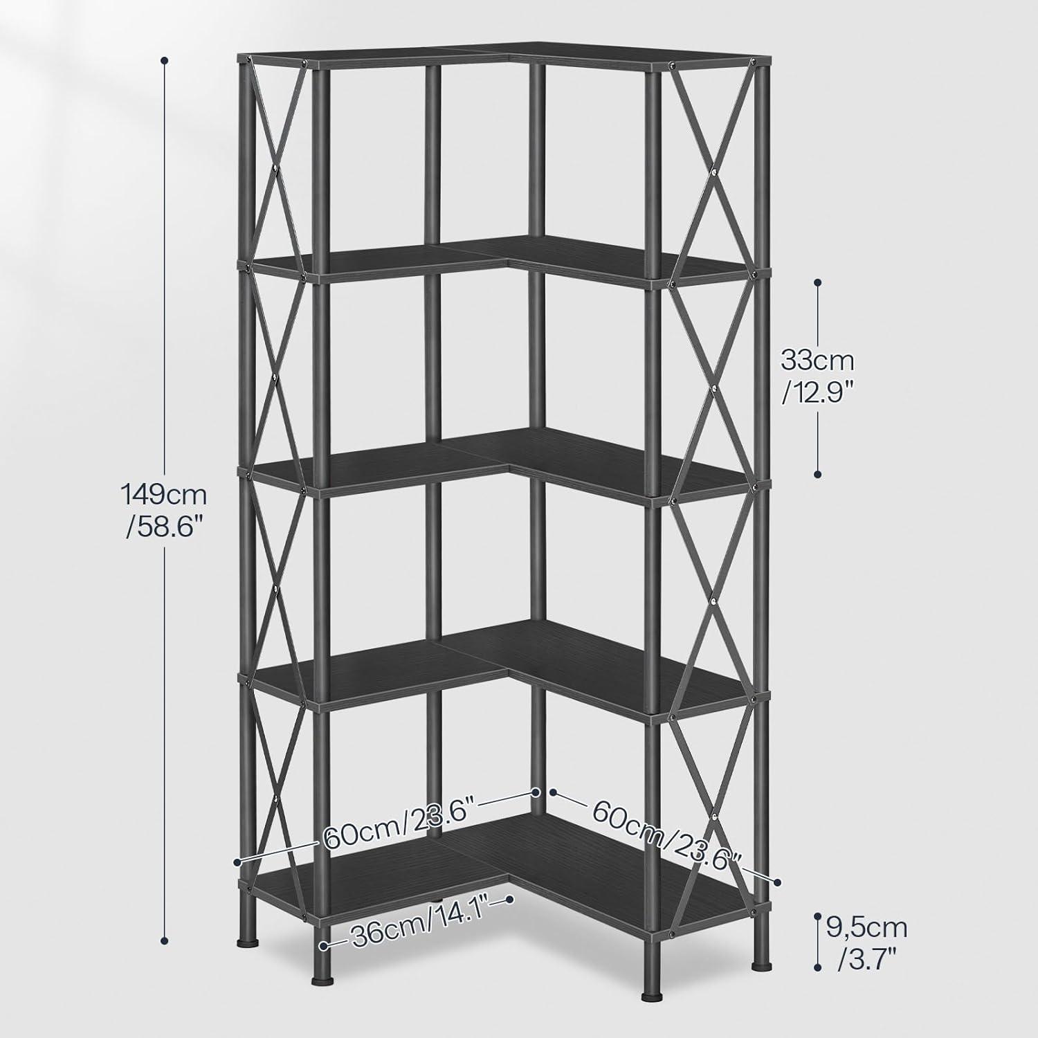 HOOBRO Corner Bookshelf, 5-Tier L-Shaped Bookcase, Industrial Open Display Shelf Tall Storage Organizer, Vertical Storage Rack, for Living Room, Home Office, Black BB60SJ01
