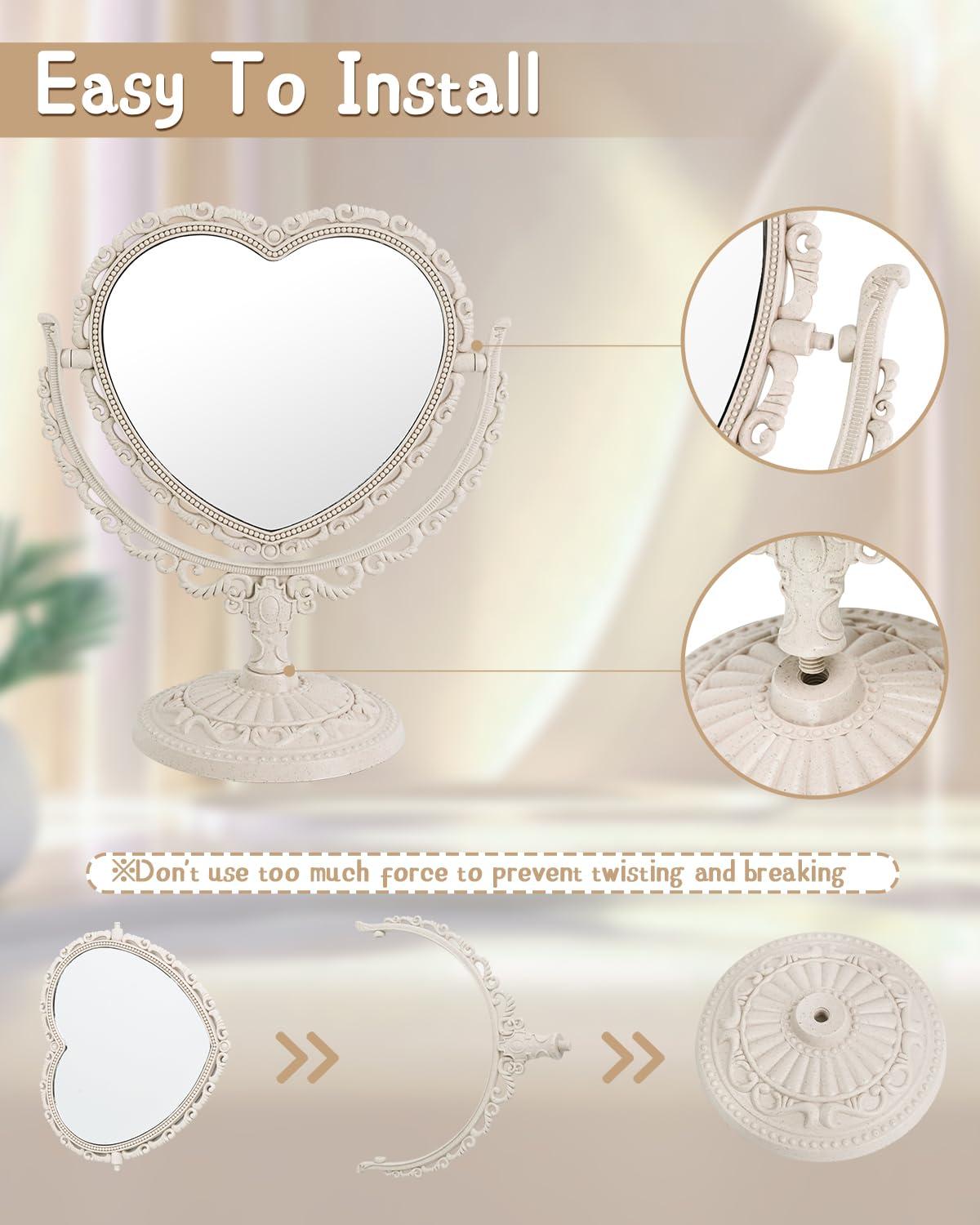 D&XQAUO Vintage Heart Mirror for Desk Cute Coquette Room Decor Small Mirror with Stand,Vanity & Bathroom Double-Sided Rotating Makeup Table Mirror